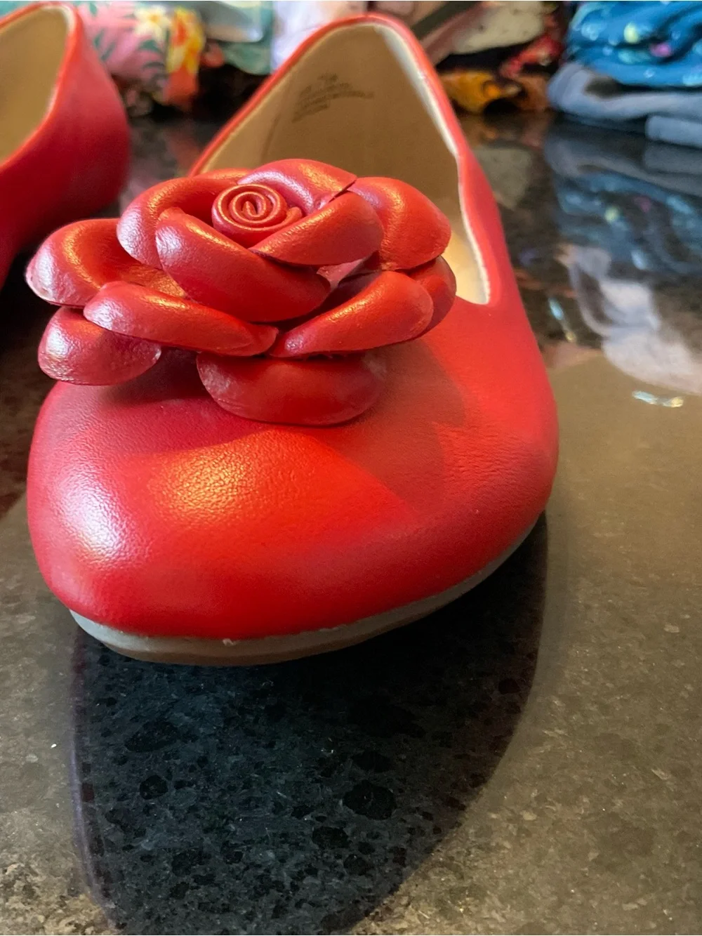 Kim Rogers Red Floral Rose Accent Rounded Point-Toe Ballet Flats